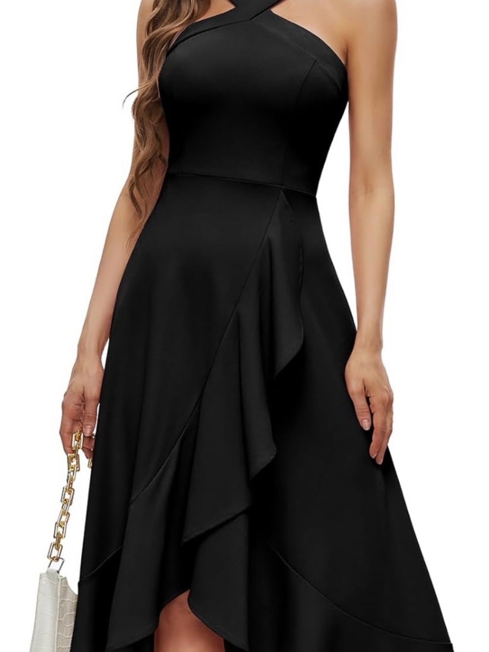 Elegant Halter Black High-Low Ruffle Dress